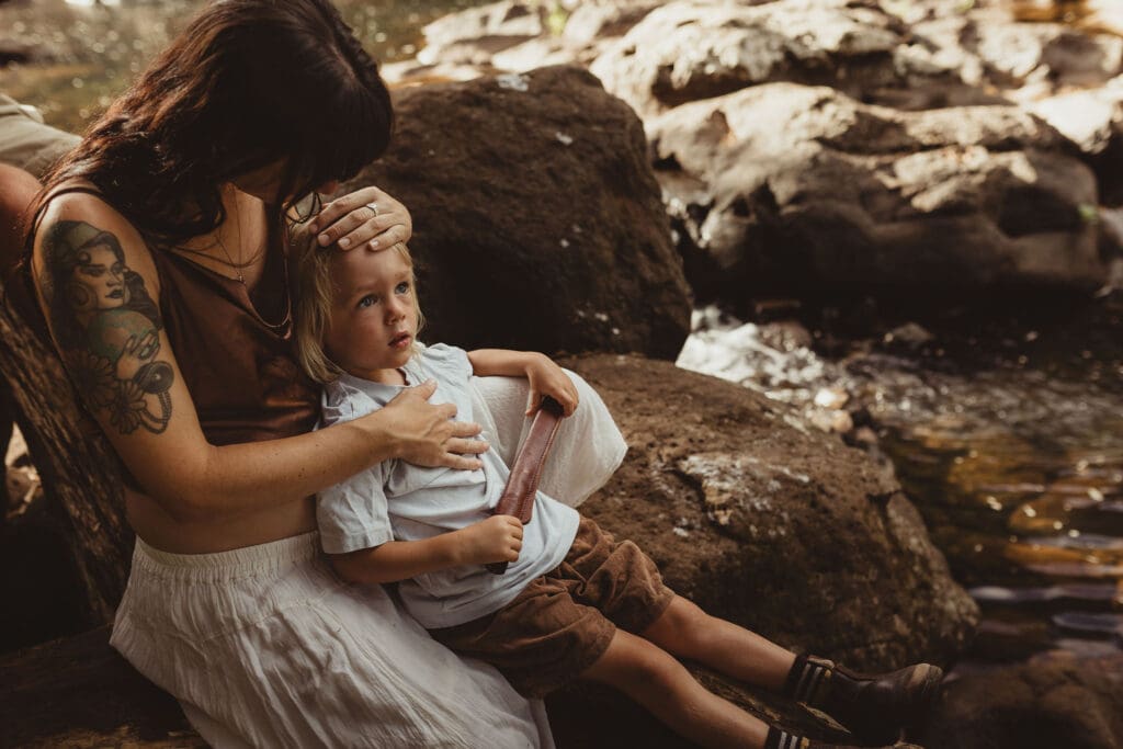 candid family photography at a waterfall in the northern rivers